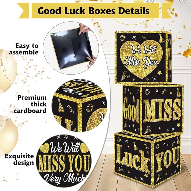 Going Away Party Supplies - Black Gold Decoration Boxes for All