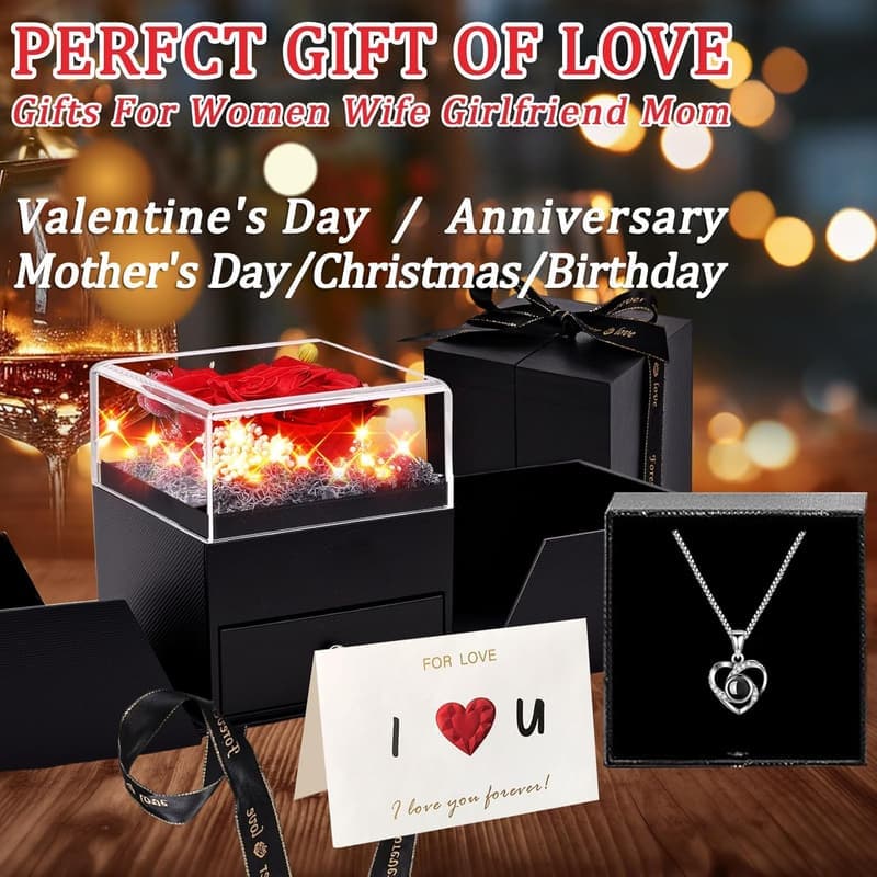 Valentine's Day Heart Sterling Silver Necklace with Rose Gift Box