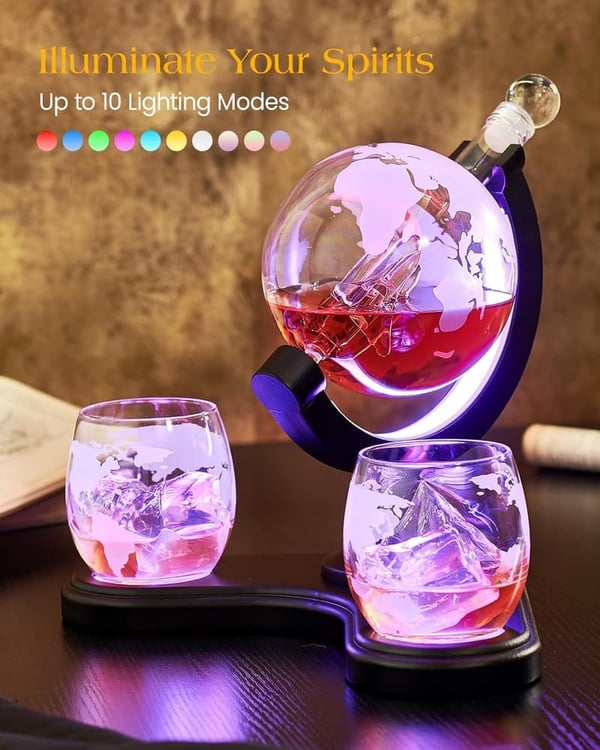 Light Up Whiskey Globe Decanter Set for Men - Rechargeable, 7 Colors