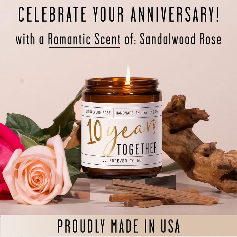 10th Anniversary Sandalwood Rose Candle for Wife - 50 Hr Burn