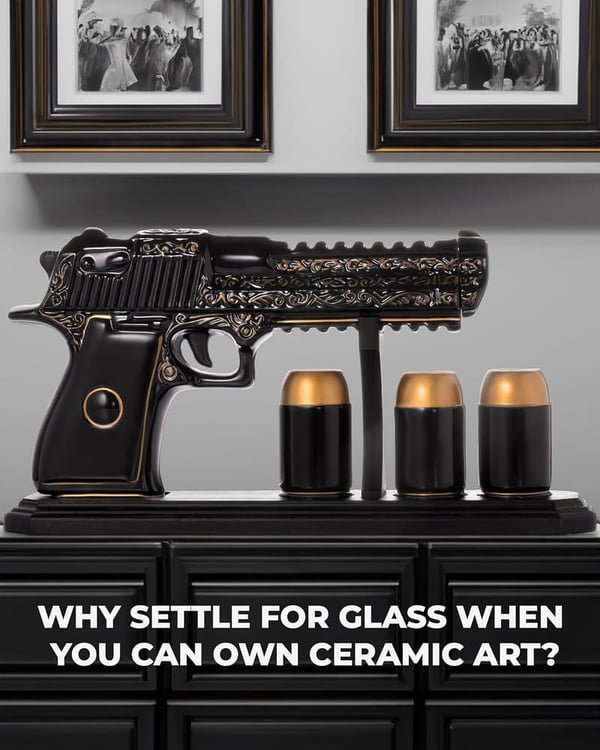 Cool Ceramic Gun Whiskey Decanter Set with 3 Shot Glasses
