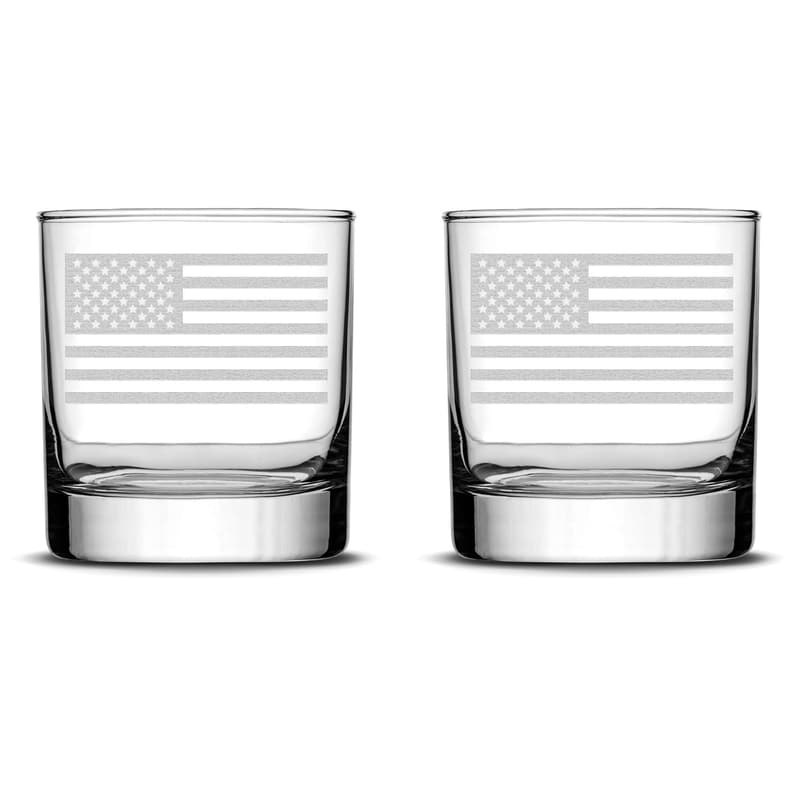 American Flag Whiskey Glass Set - 10oz Hand Etched, Made in USA