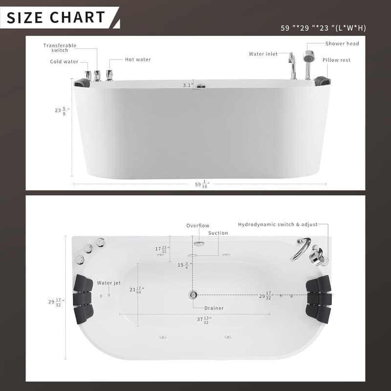Freestanding Acrylic Whirlpool Bathtub with 8 Hydromassage Jets