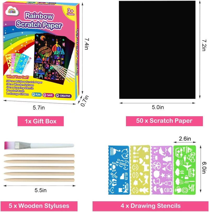 Rainbow Scratch Art Set for Kids, Ages 3-10 Birthday Gift