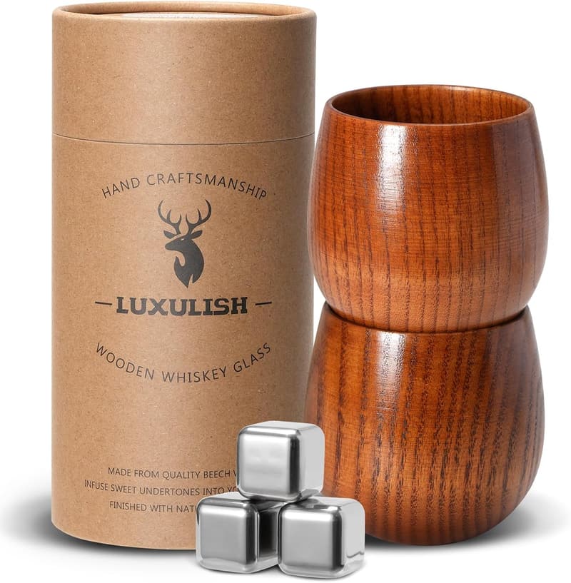 Wooden Bourbon Glass with 3 Stainless Steel Ice Cubes