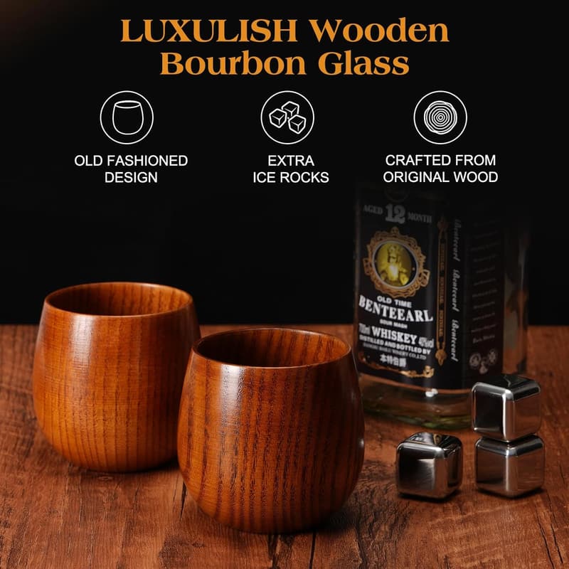 Wooden Bourbon Glass with 3 Stainless Steel Ice Cubes