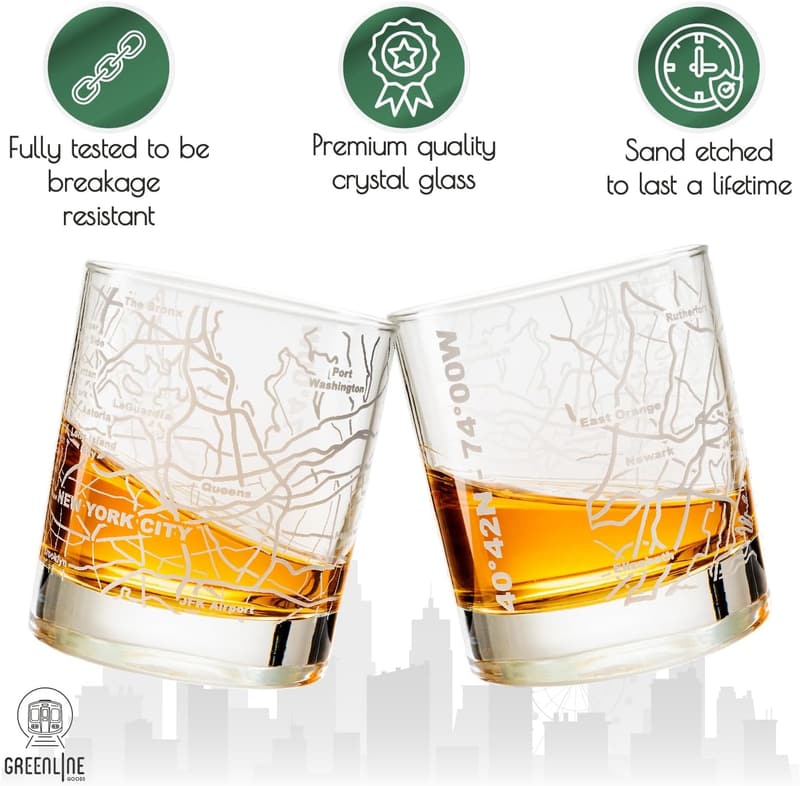 New York City Map Whiskey Glasses - Set of 2 Tumbler Gift Set