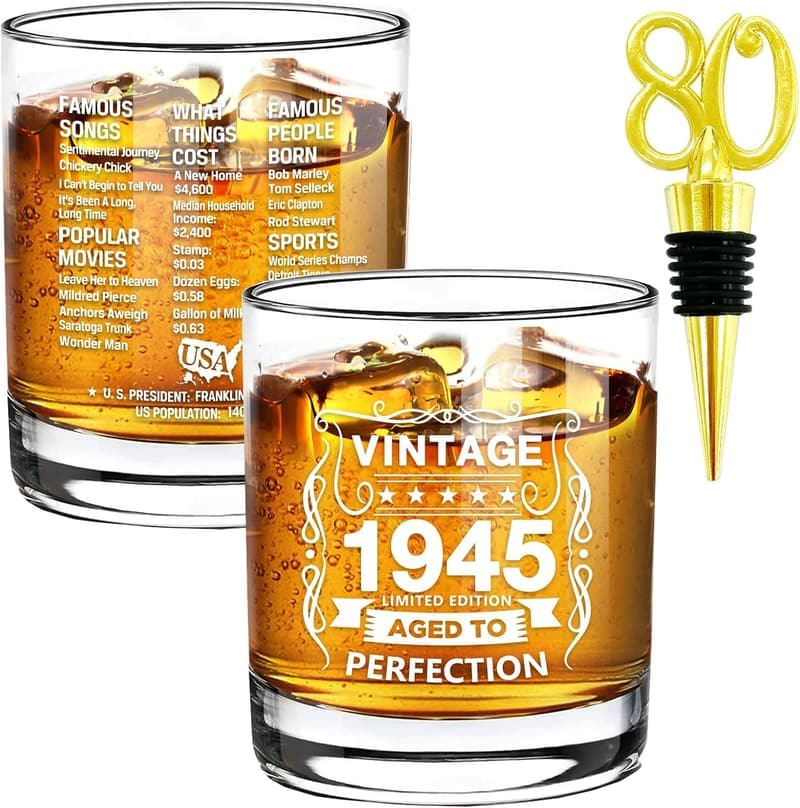 80th Birthday Vintage Whiskey Glass - 10.25oz Old Fashioned
