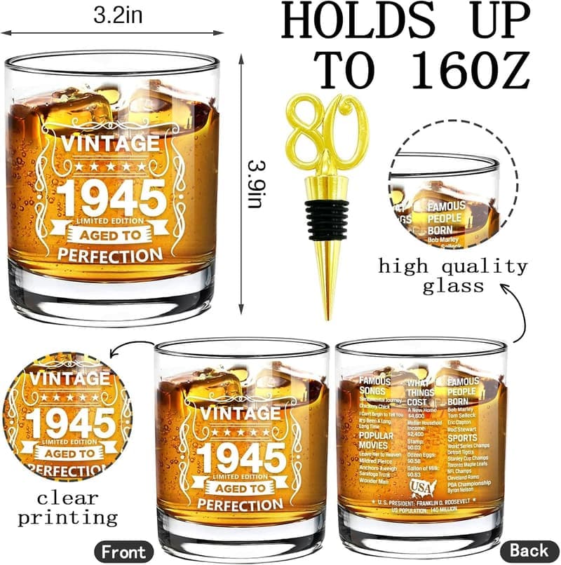 80th Birthday Vintage Whiskey Glass - 10.25oz Old Fashioned