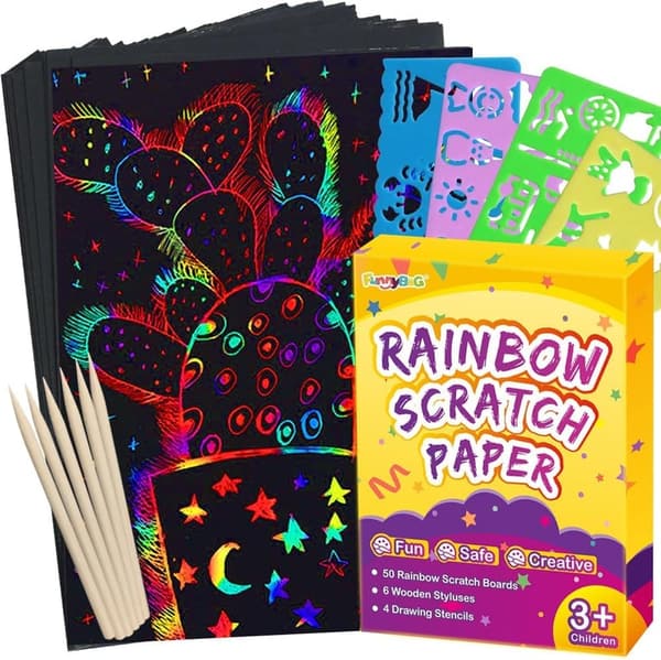 Rainbow Scratch Paper Art Set for Kids - 60 Pcs Craft Supplies