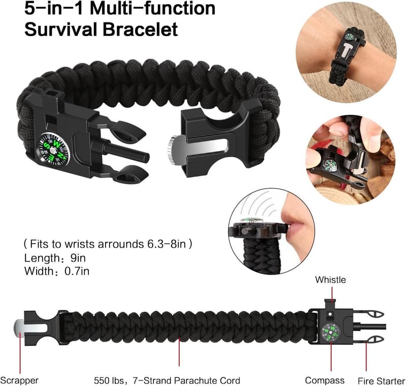 13-in-1 Emergency Survival Kit with Bracelet and Fire Starter