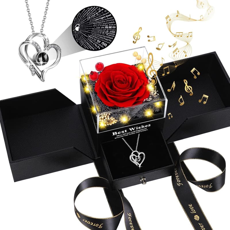 Romantic Birthday Gift for Women - I Love You Necklace with Rose