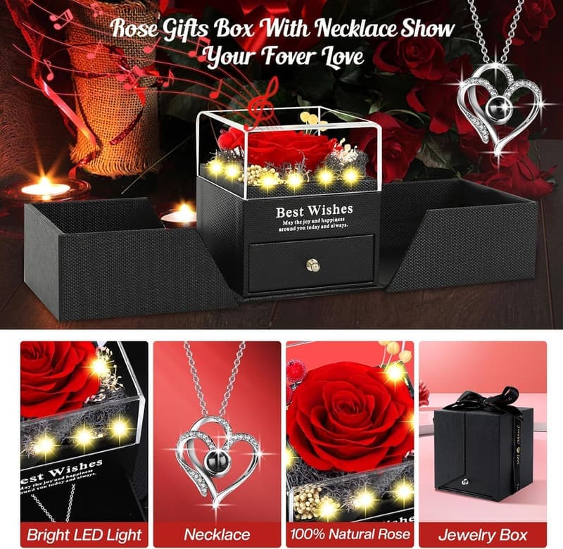 Romantic Birthday Gift for Women - I Love You Necklace with Rose