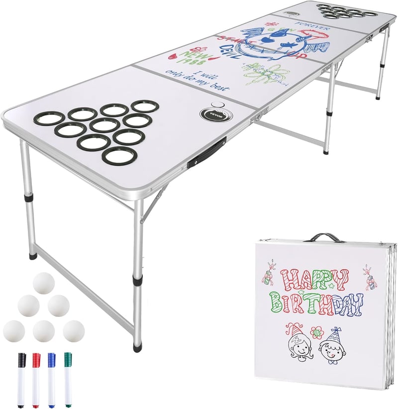 Portable 8-Foot Folding Pong Table with Adjustable Height and Cup Holes