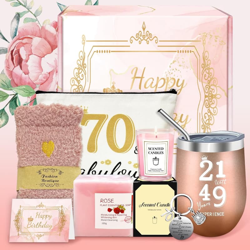 70th Birthday Gifts for Women, Keychain & 12 Oz Tumbler Set