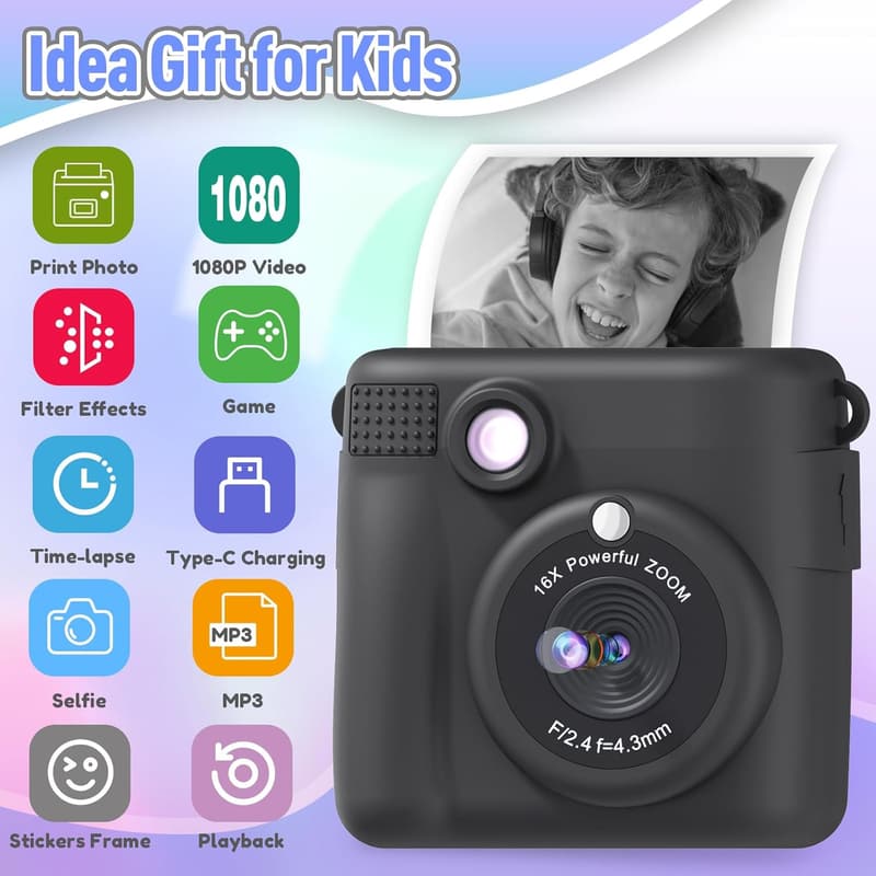 Kids Instant Print Camera – 1080P Selfie Toy for Ages 3-12