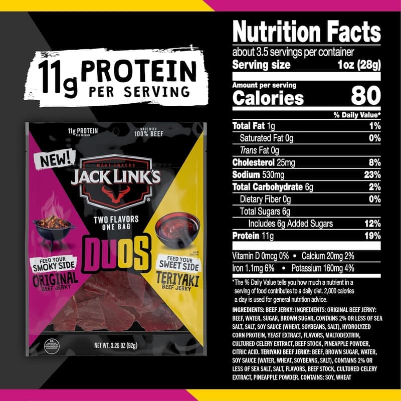Shareable Beef Jerky Snack Packs - Original & Teriyaki, 100 Calories, 11g Protein (8 Count)