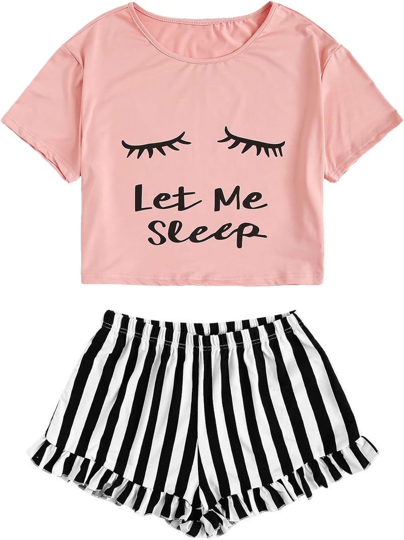 Close Eyes Print Tee & Striped Shorts Pajama Set for Women