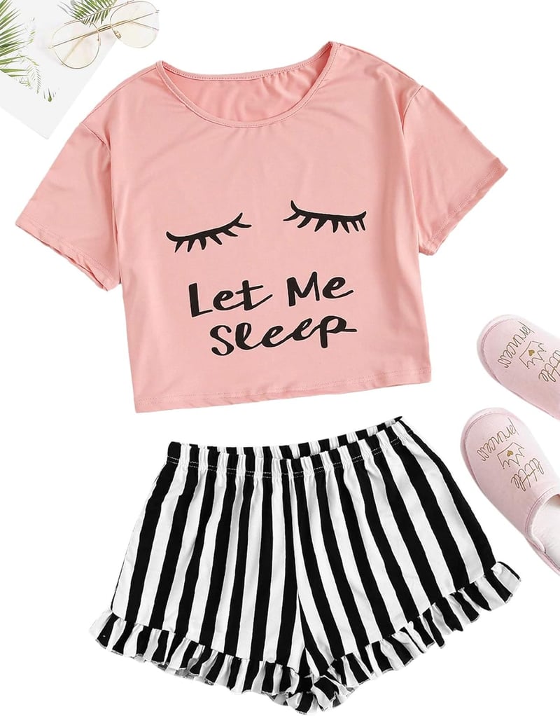 Close Eyes Print Tee & Striped Shorts Pajama Set for Women