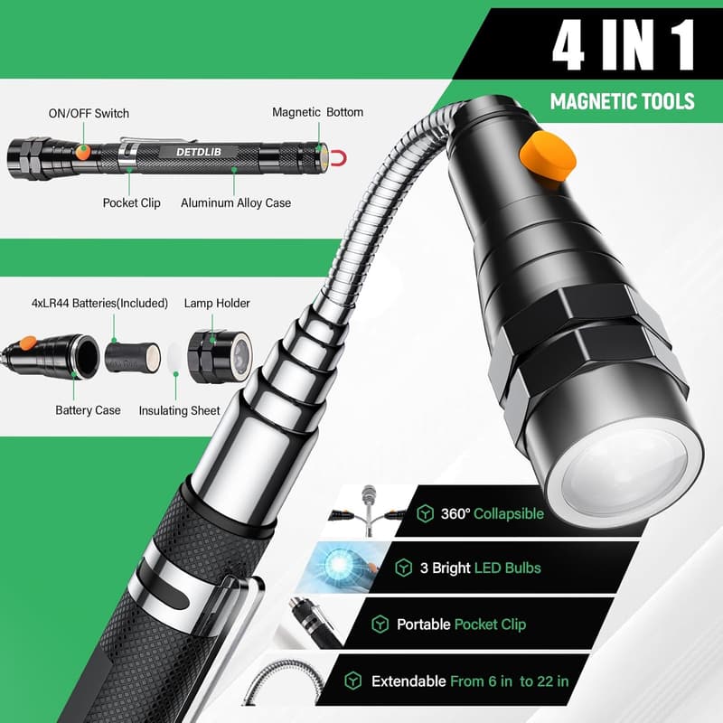 Magnetic Pickup Tool Set with Flashlight - Birthday Gifts for Him