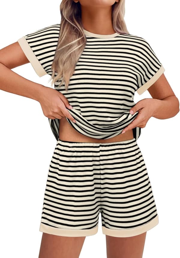 Women's Waffle Knit Stripe Lounge Set with Pockets