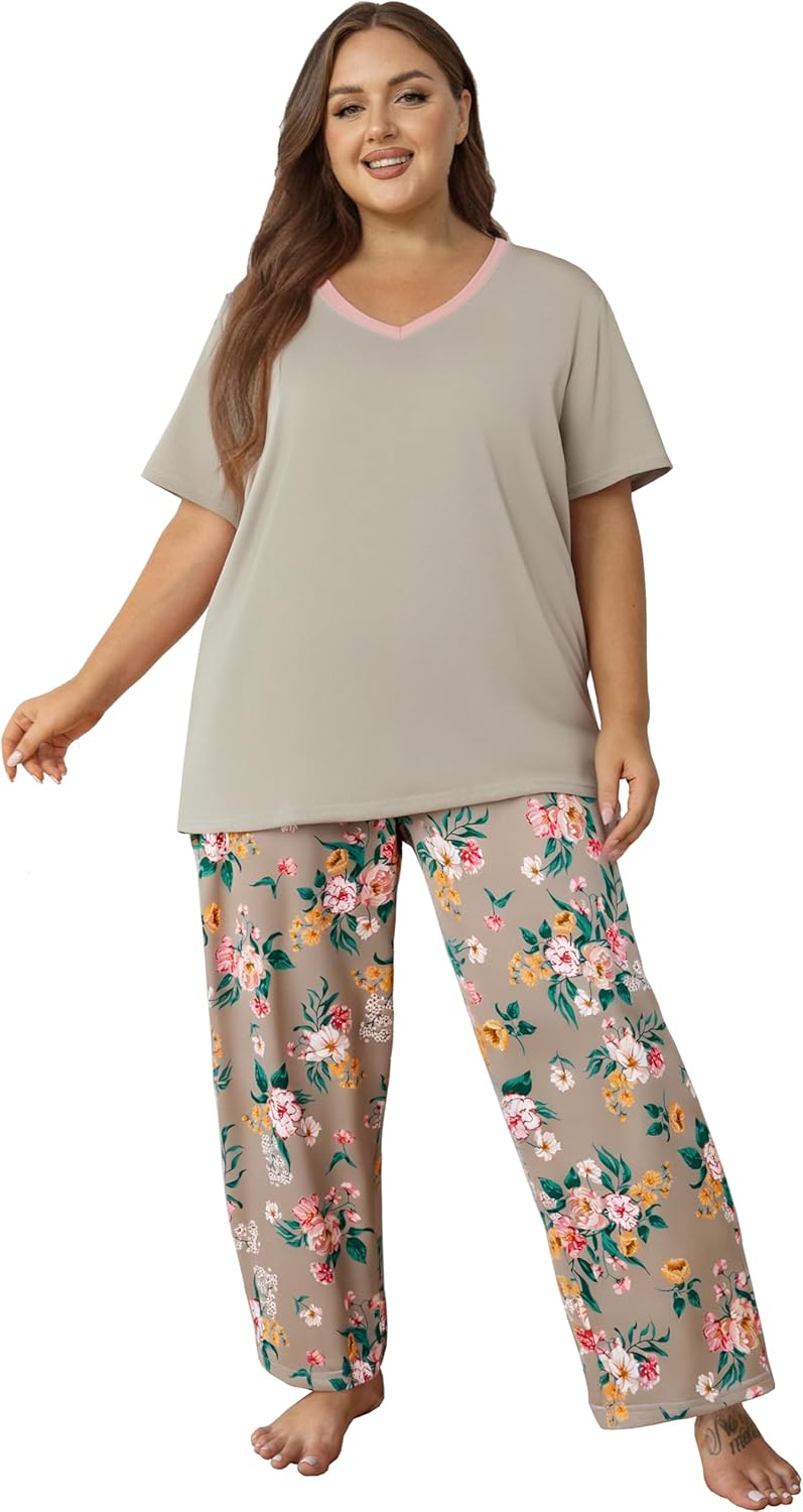 Women's Short Sleeve Pajama Set with Pockets, Size 1X-5X