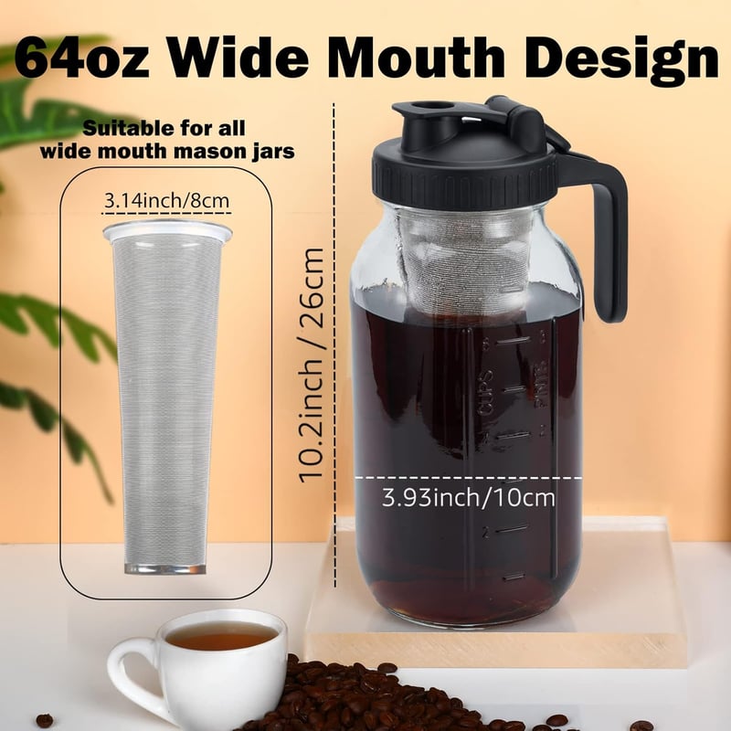 Cold Brew Mason Coffee Maker - 64oz BPA-Free Pitcher & Filter