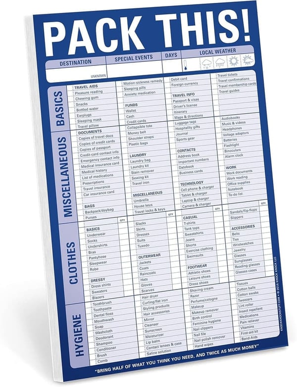Packing List Notepad, 6x9 inches, for Organized Travel