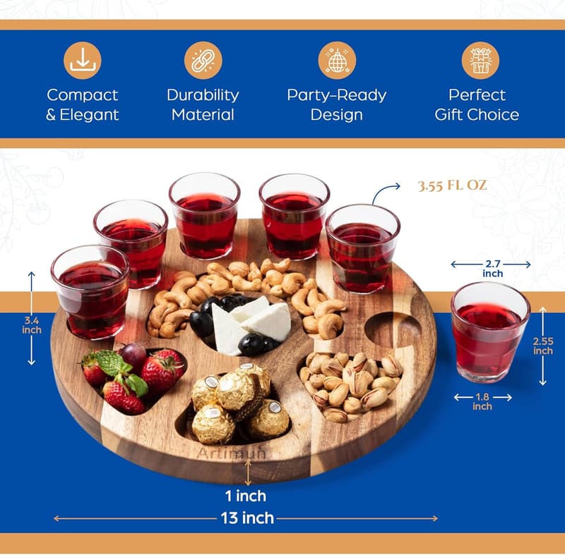 Elegant Wooden Tray with 6 Tequila Shot Glasses for Parties