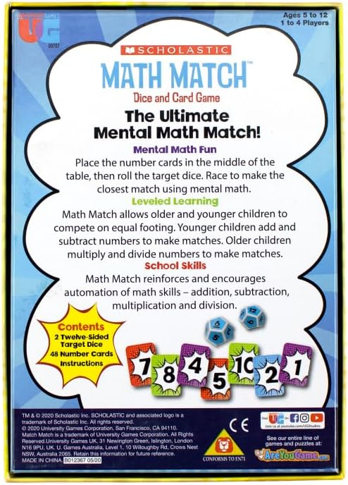 Scholastic Math Match Travel Dice Game for Kids Ages 5+