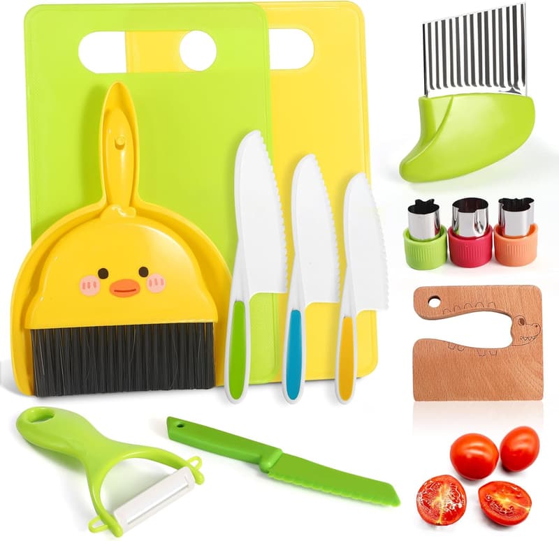Kids Cooking Knife Set with Wooden Board - Safe for Ages 3-12