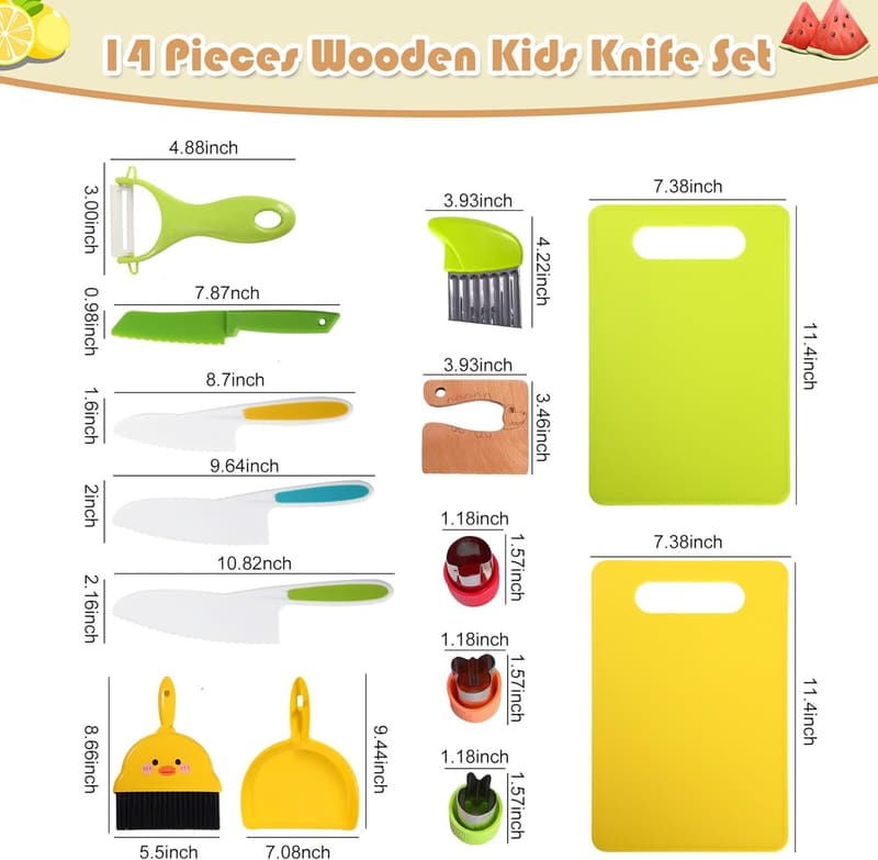 Kids Cooking Knife Set with Wooden Board - Safe for Ages 3-12