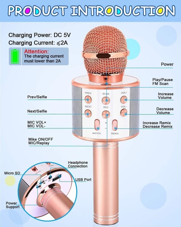 Wireless Bluetooth Karaoke Microphone for Kids Ages 5-12