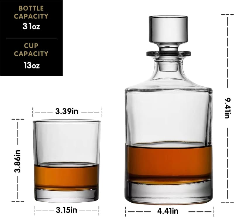 Whiskey Decanter Set with 4 Glasses in Gift Box – Classic Design