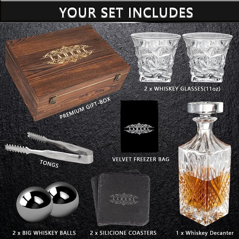 Whiskey Decanter Set with Stones & Coasters for Men