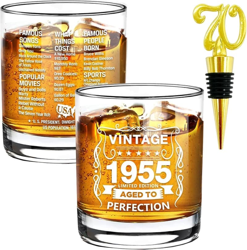 70th Birthday Vintage 1955 Whiskey Rocks Glass, 10.25 oz