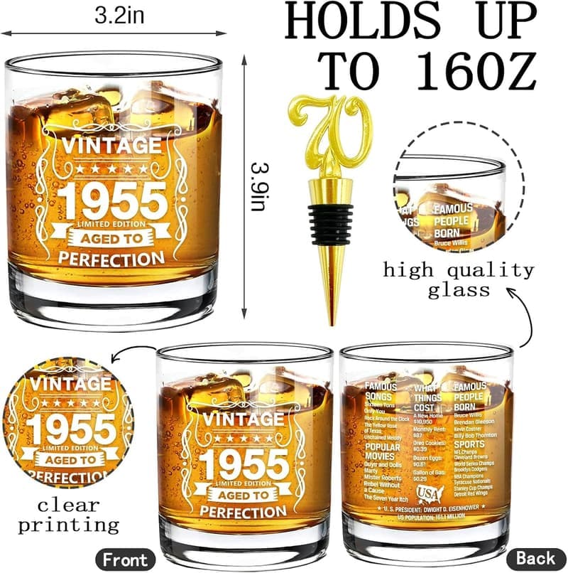 70th Birthday Vintage 1955 Whiskey Rocks Glass, 10.25 oz