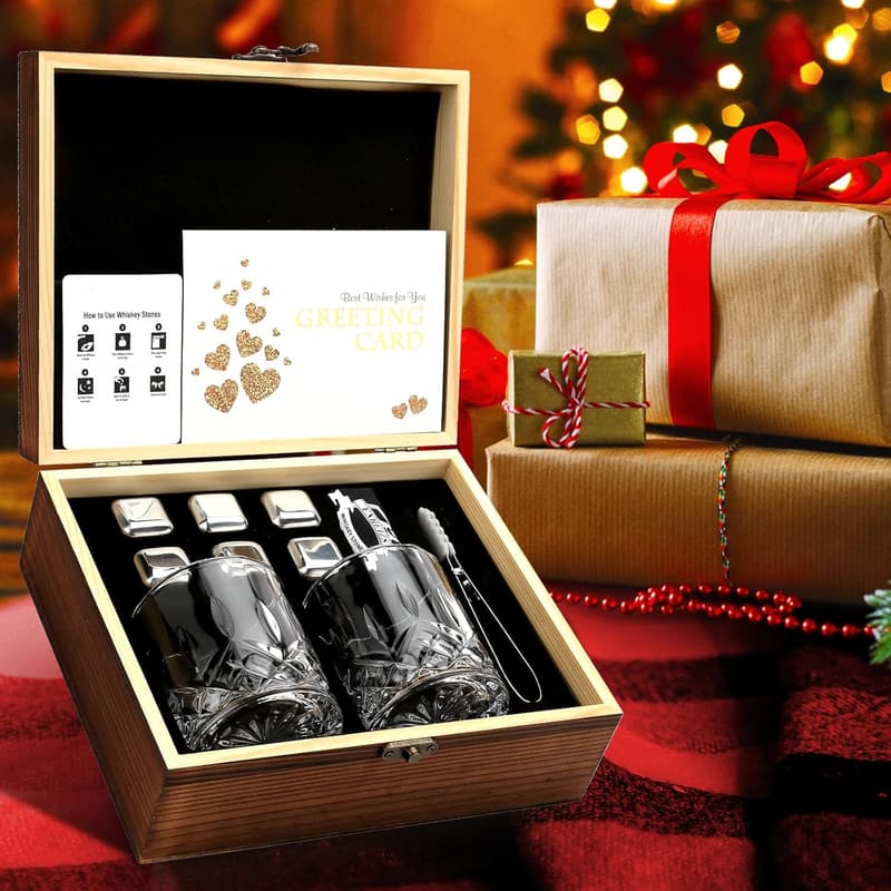 Whiskey Glass Gift Set with Stones in Handmade Box - For Dad