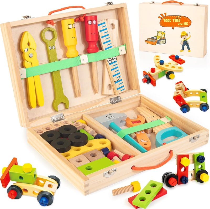 Toddler Wooden Tool Set with Portable Box & DIY Stickers