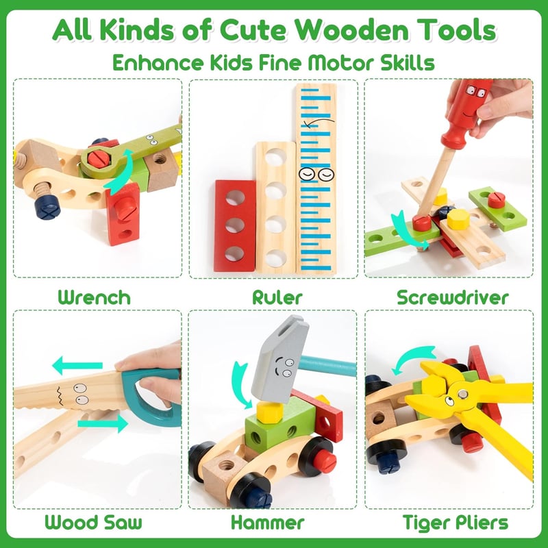 Toddler Wooden Tool Set with Portable Box & DIY Stickers