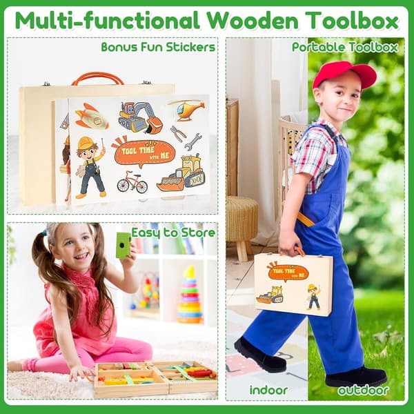 Toddler Wooden Tool Set with Portable Box & DIY Stickers
