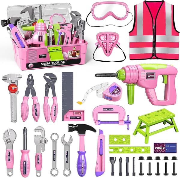 Kids' Pretend Play Tool Set with Toy Drill & Toolbox (Pink)