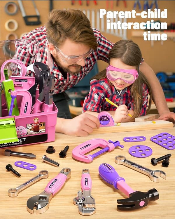 Kids' Pretend Play Tool Set with Toy Drill & Toolbox (Pink)