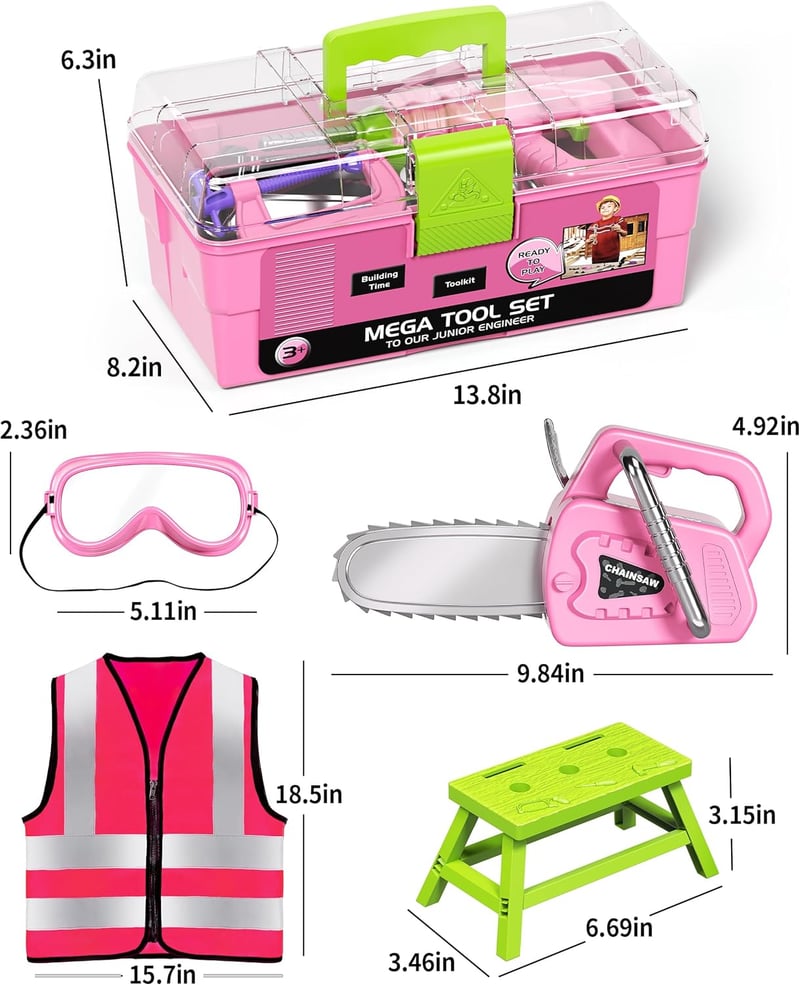 Kids' Pretend Play Tool Set with Toy Drill & Toolbox (Pink)