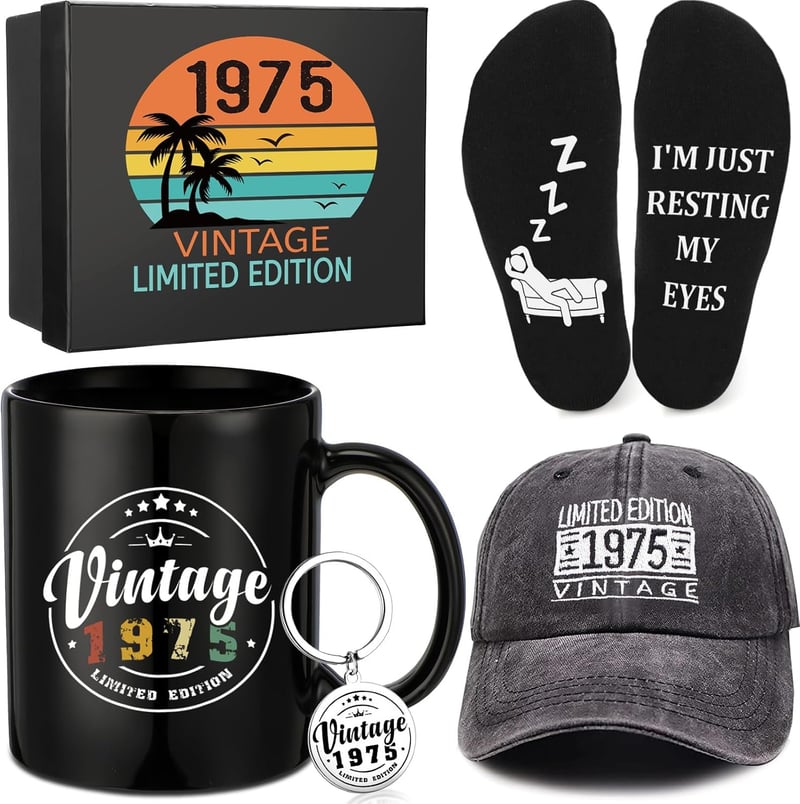 50th Birthday Gift Set for Men - Includes Cup, Cap, Socks, Keychain