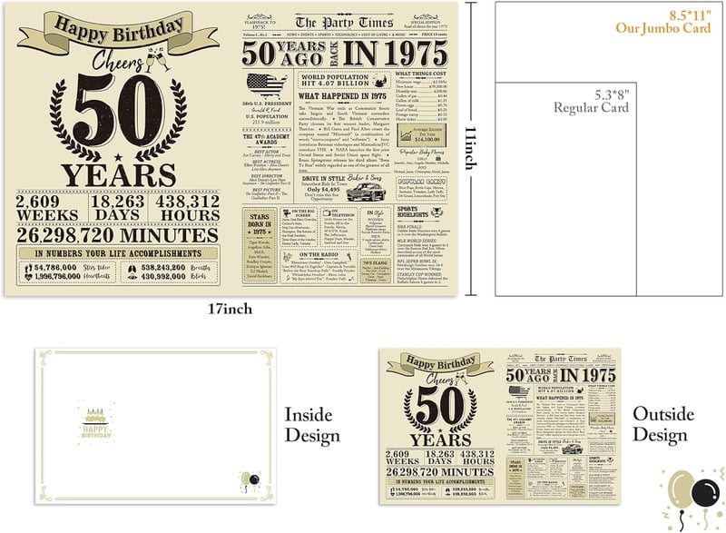 50th Birthday Jumbo Card for Him/Her - Vintage 1974 Design