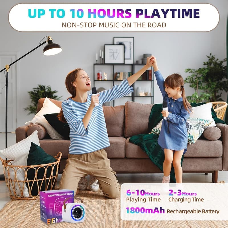 Kids' Mini Karaoke Machine with 2 Mics & LED Lights, Bluetooth
