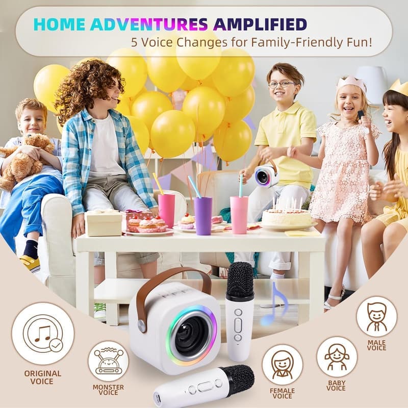 Kids' Mini Karaoke Machine with 2 Mics & LED Lights, Bluetooth