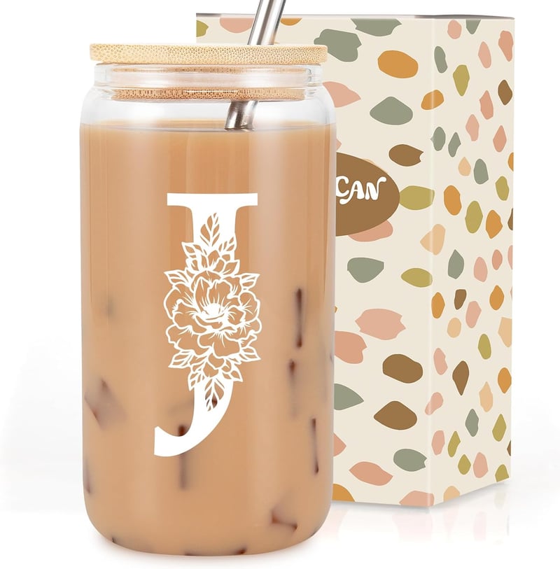 Personalized 16 oz Initial Glass Cup with Lid & Straw for Her