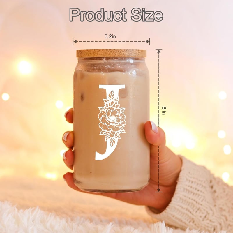 Personalized 16 oz Initial Glass Cup with Lid & Straw for Her